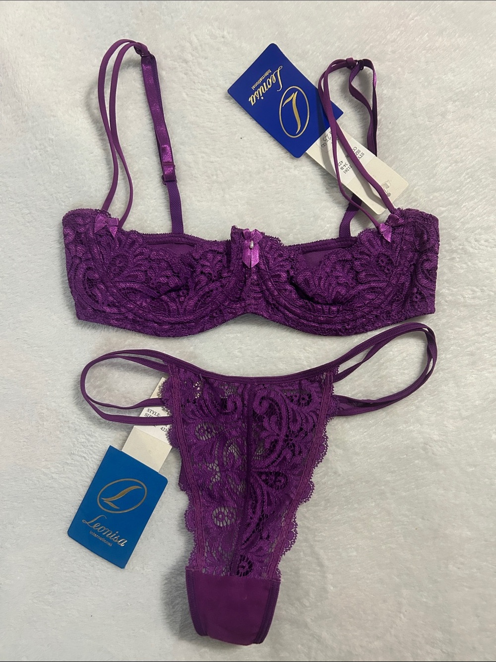 Leonisa Purple Lace Balconette Bra & Thong Set 34B /M